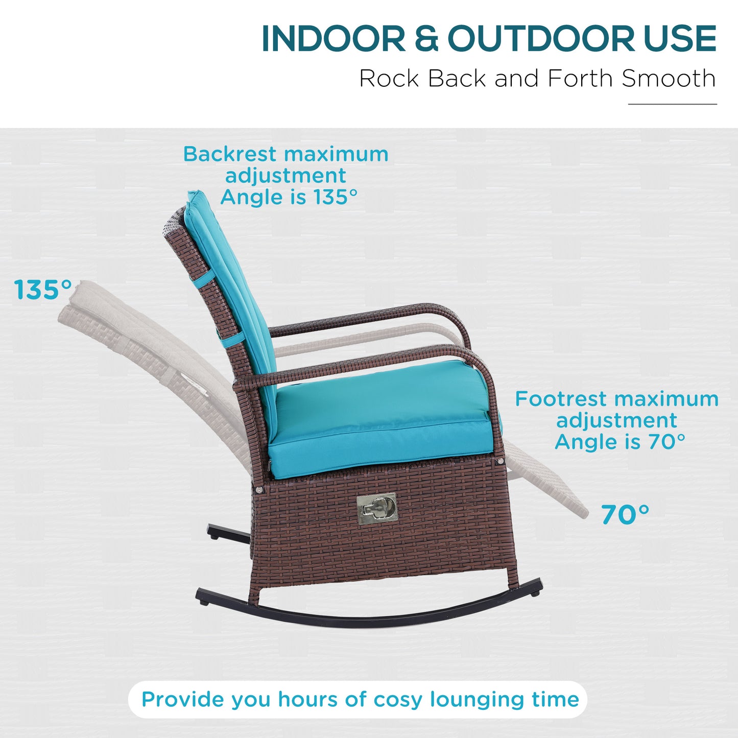 Fauteuil à bascule en rotin synthétique avec coussin, repose-pieds réglable et accoudoirs, turquoise
