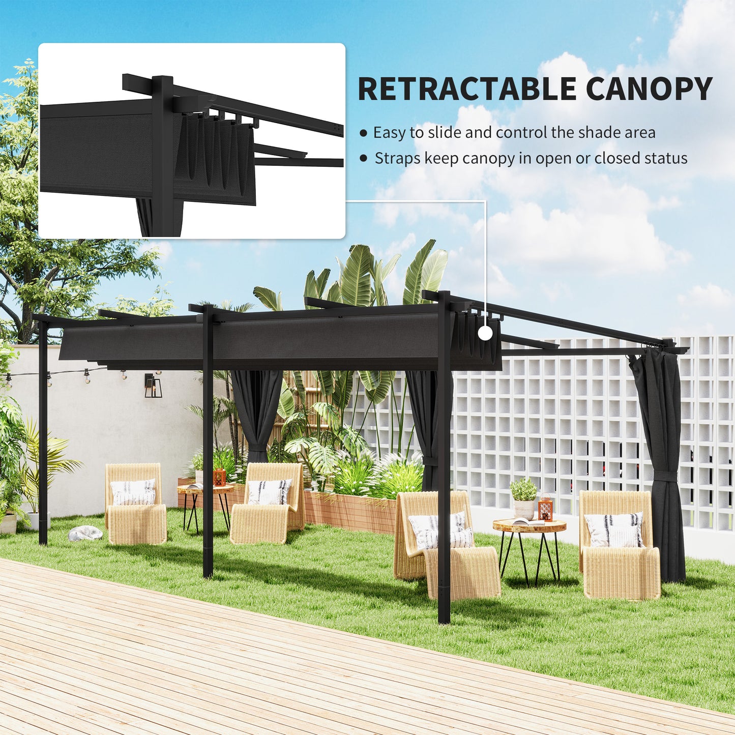 Pergola rétractable en métal 10' x 20' avec parois latérales, tonnelle d'extérieur UPF30+, noir