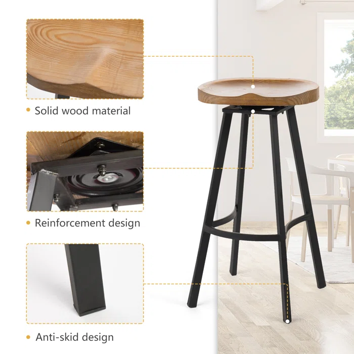 Ensemble de 2 tabourets de bar pivotants de style industriel avec cadre en fer finition rouille, assise en pin, aucun assemblage requis, naturel
