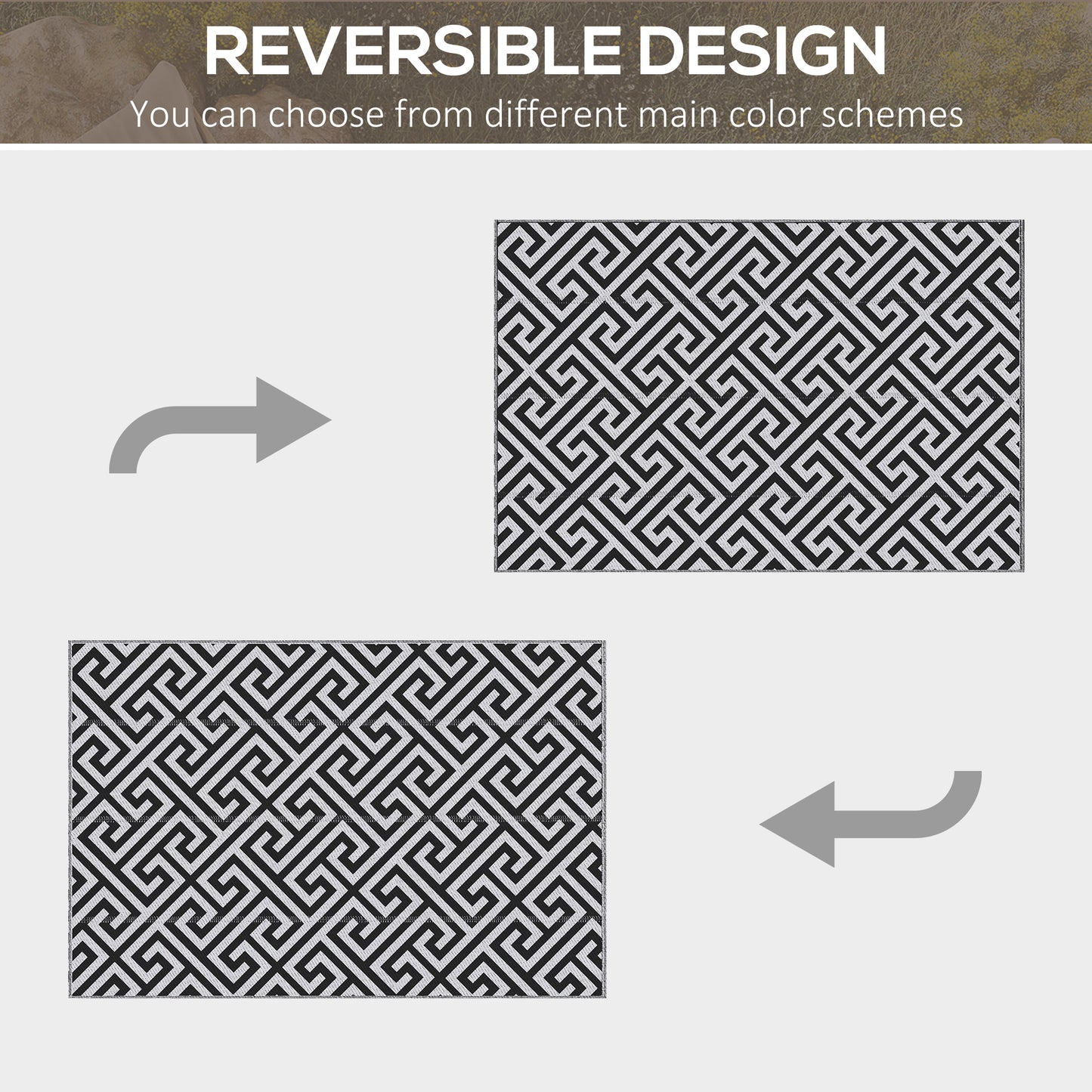 Reversible Outdoor Patio Rug, 1.5 x 2.4m Plastic Straw Mat for Garden, Patio, Beach, Camping, Black and White