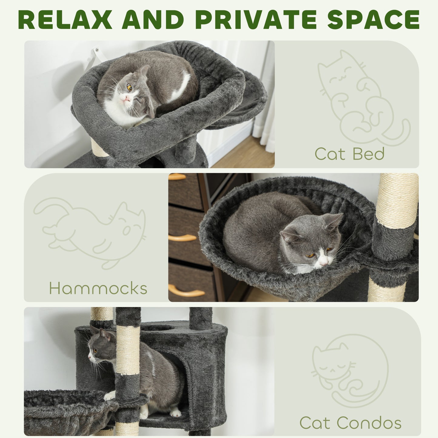 Arbre à chat avec griffoirs, lit, plateformes et hamacs, pour chats d'intérieur, gris foncé