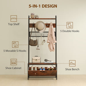 5-in-1 Coat Rack with Bench, Shoe Rack, 10 Hooks, Rustic Brown