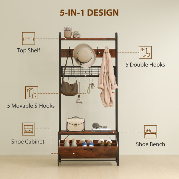 5-in-1 Coat Rack with Bench, Shoe Rack, 10 Hooks, Rustic Brown