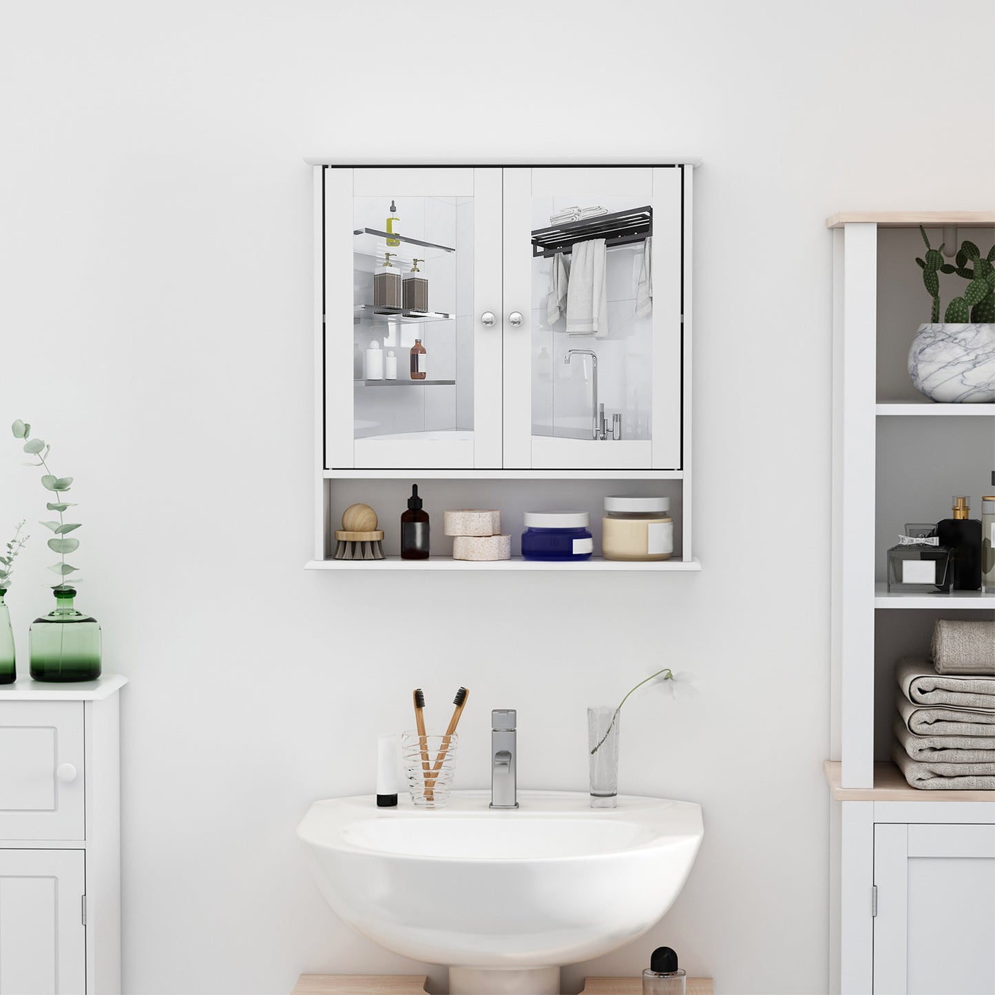 Armoire à pharmacie avec portes doubles, étagère ouverte et étagère réglablr, blanche