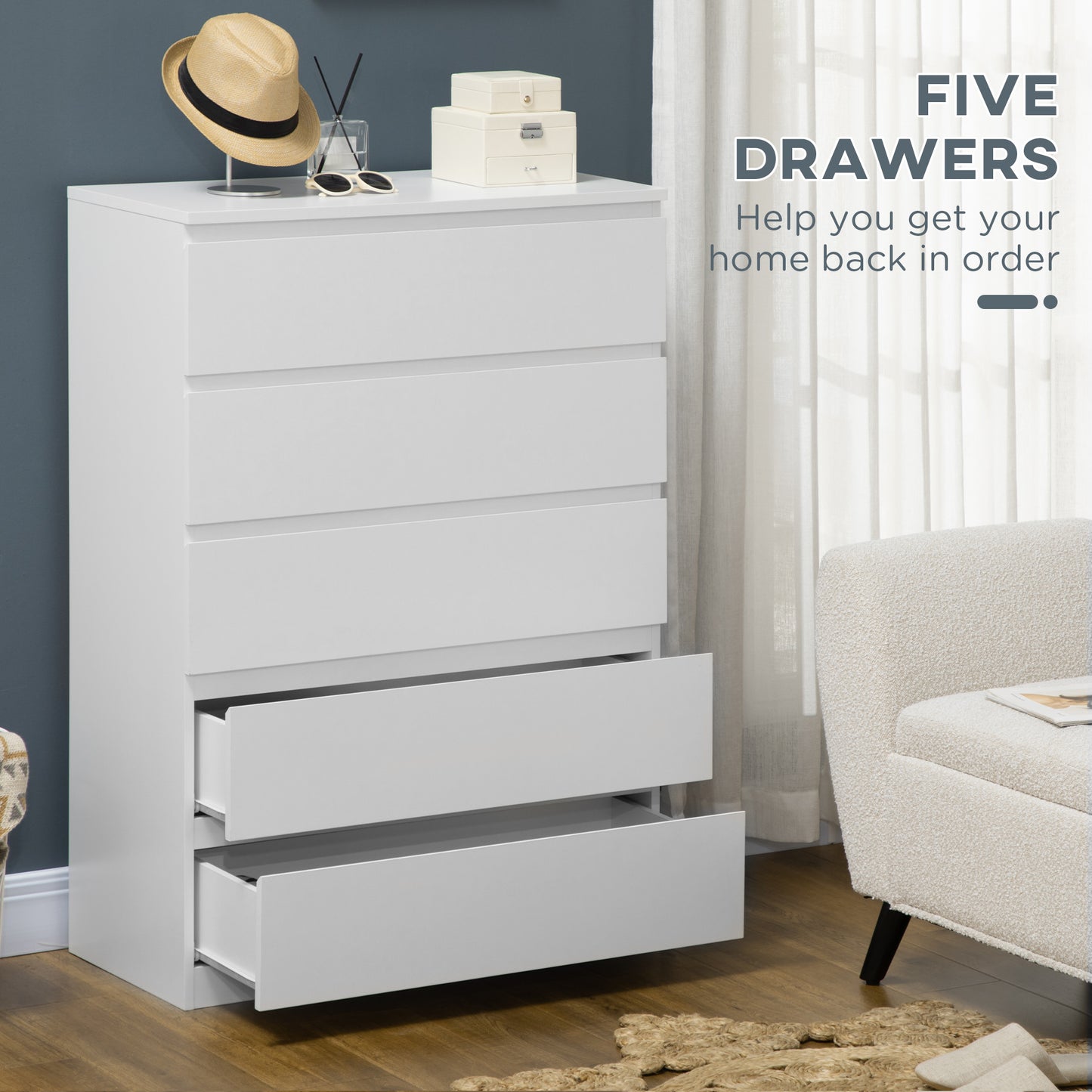 Commode 5 tiroirs pour chambre à coucher avec glissières en alliage de zinc, blanc