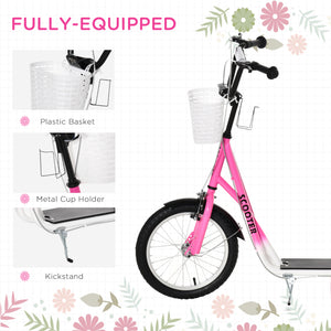 Trottinette avec guidon réglable avec 2 freins, panier porte-gobelet, rose