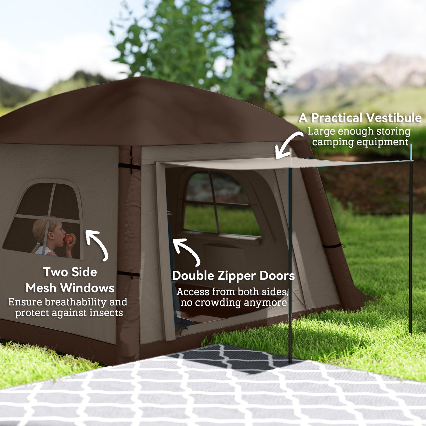 Outsunny Inflatable Camping Tent, 1-2 Person Camping Tent with Hand Pump, Inflatable Tent with Doors, Carry Bag, Khaki and Brown