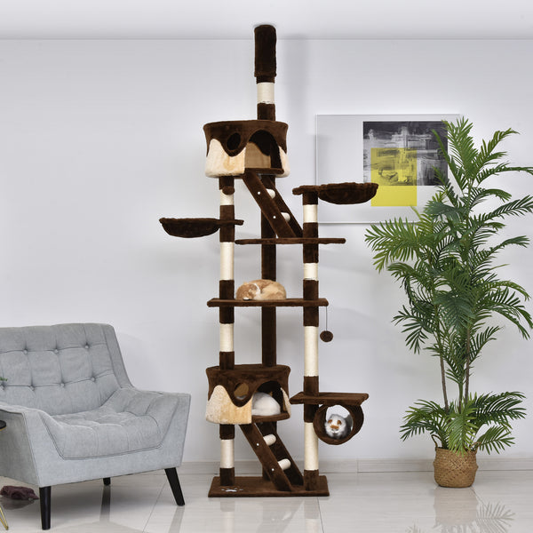 Arbre à chat géant de 240 à 250 cm, hauteur plafond, griffoir, centre d'activités, marron