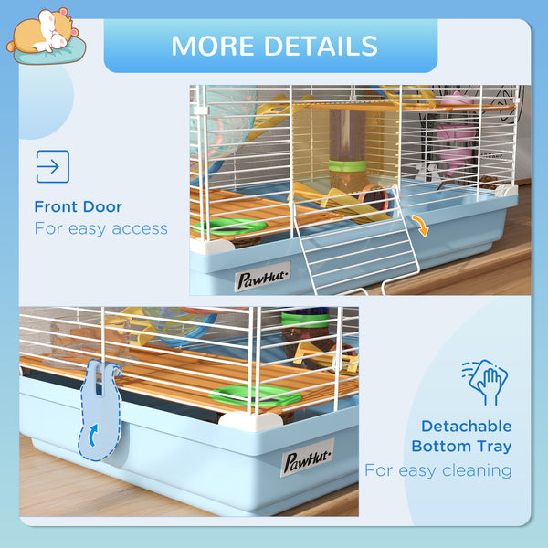 Cage pour hamster portable 5 niveaux avec roues d'exercice, tube de jeu, bouteille d'eau, gamelle, échelle pour gerbilles, bleu clair