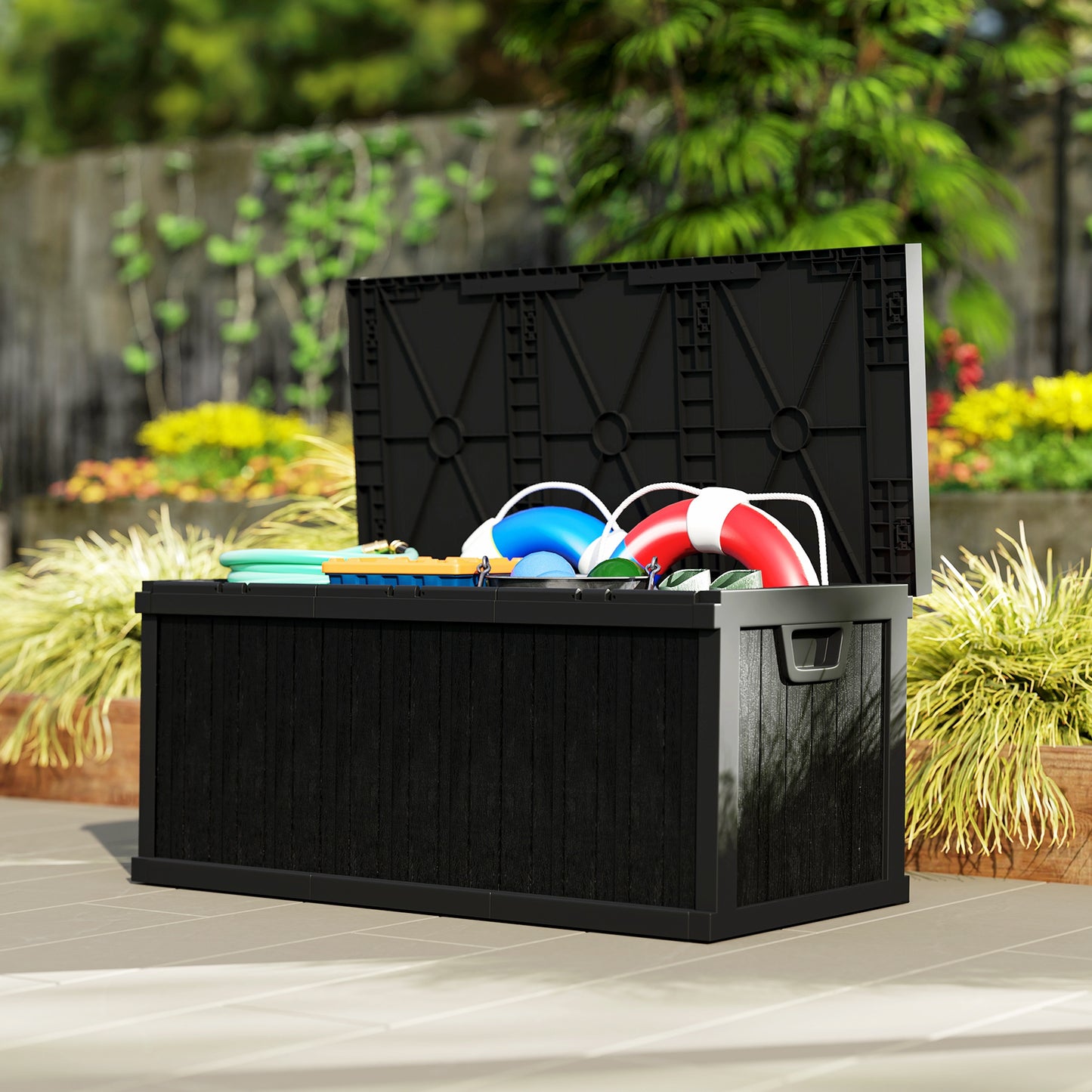 Outsunny 70 Gallon Patio Box, Resin Outdoor Storage Box with Handles, Waterproof Garden Tool Storage Container, Black