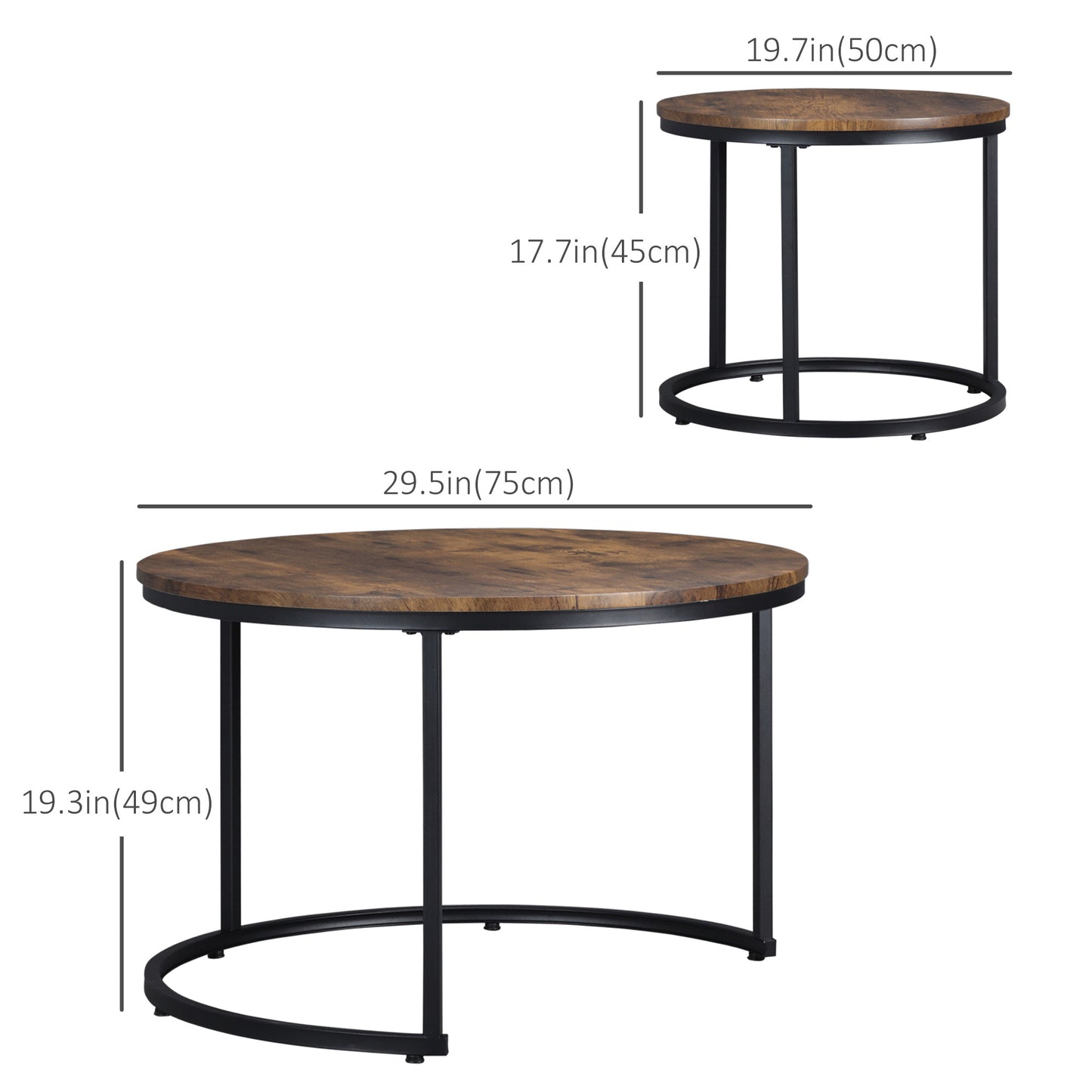 Lot de 2 tables basses rondes de 74 cm, tables d'appoint modernes pour salon avec base en métal, marron rustique