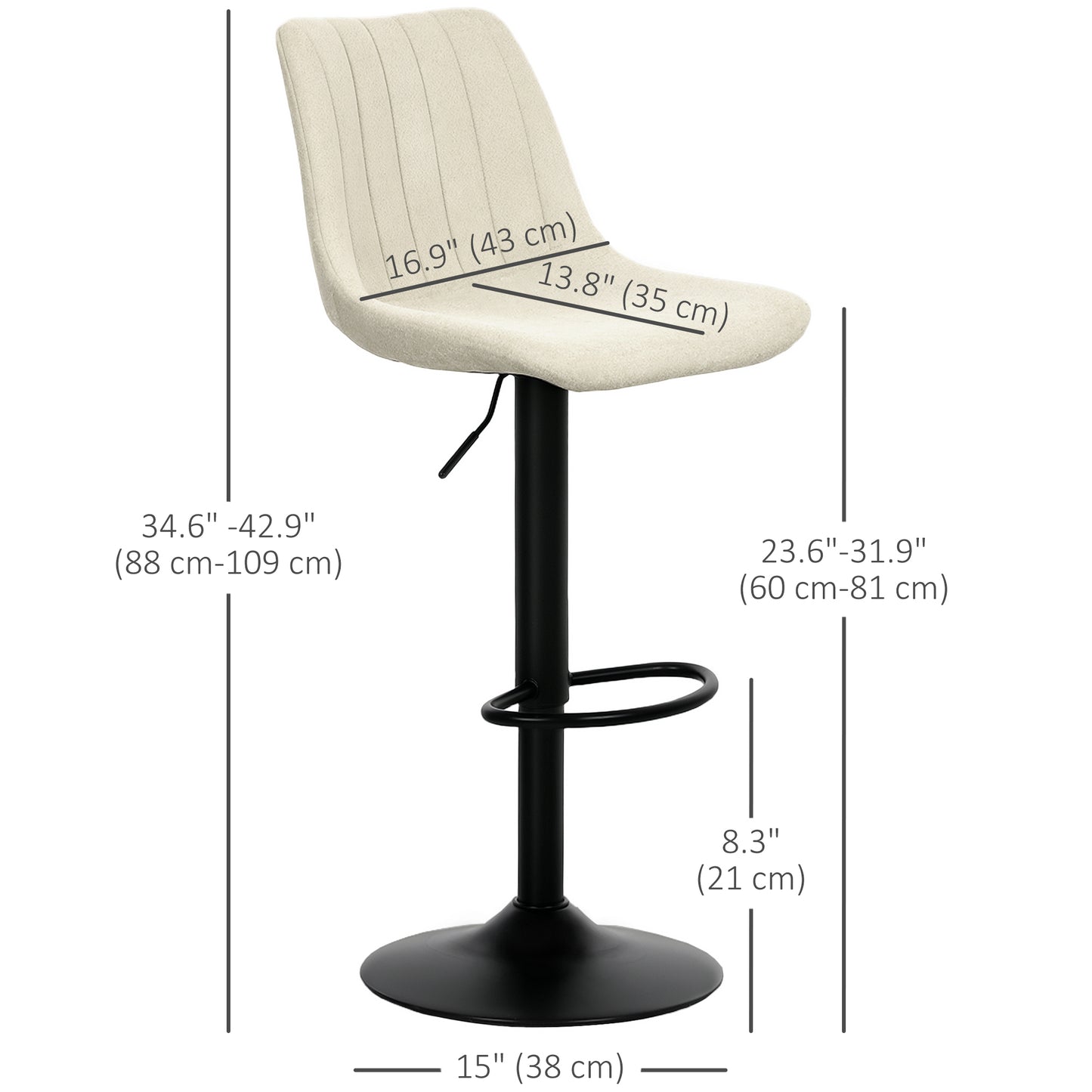Set of 2 Adjustable Swivel Bar Stools with Backrest and Footrest, Beige