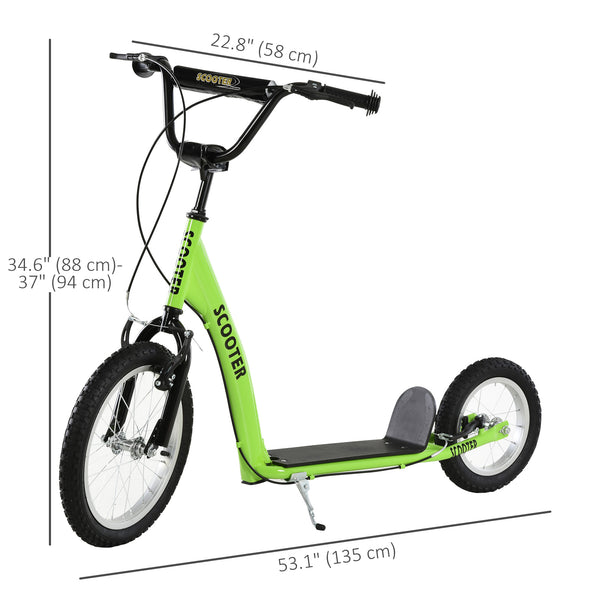 Trottinette avec guidon réglable, double frein, roues gonflables, verte