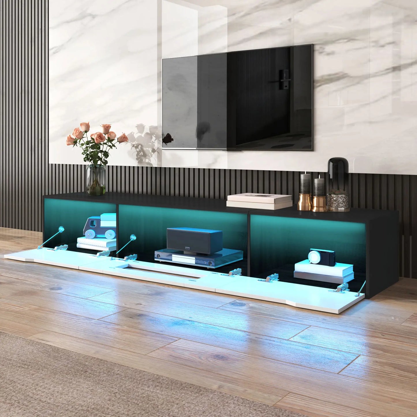 Meuble TV haute brillance avec éclairage LED personnalisable et options de montage polyvalentes, noir et blanc