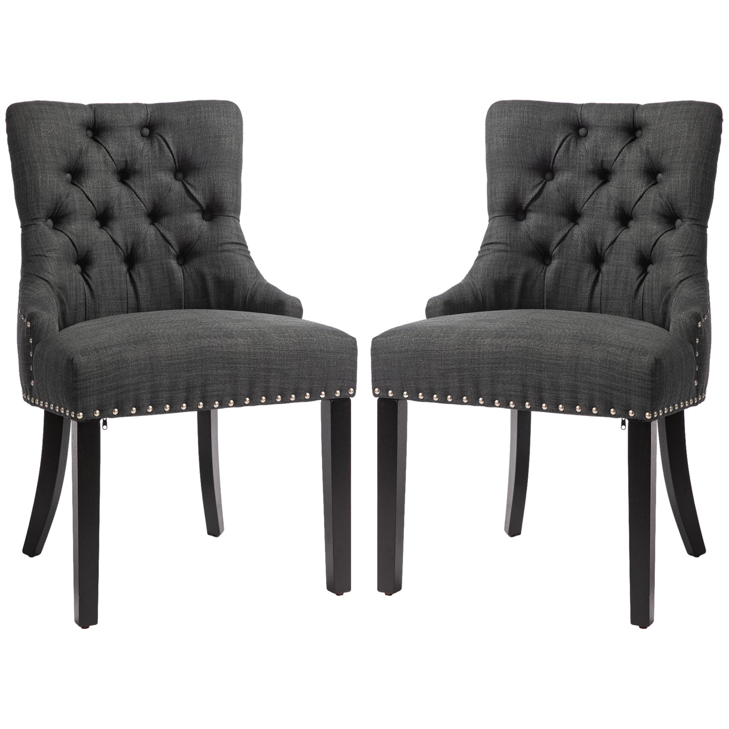 Lot de 2 chaises de salle à manger en lin avec bordure cloutée et pieds en bois, gris foncé