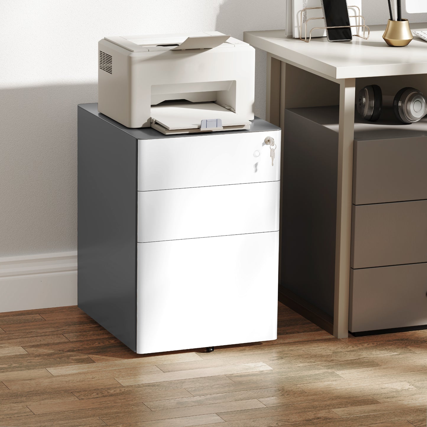 Classeur Vinsetto 3 tiroirs, meuble de rangement à roulettes pour bureau à domicile, serrure pour dossiers A4, lettres et format légal, gris et blanc
