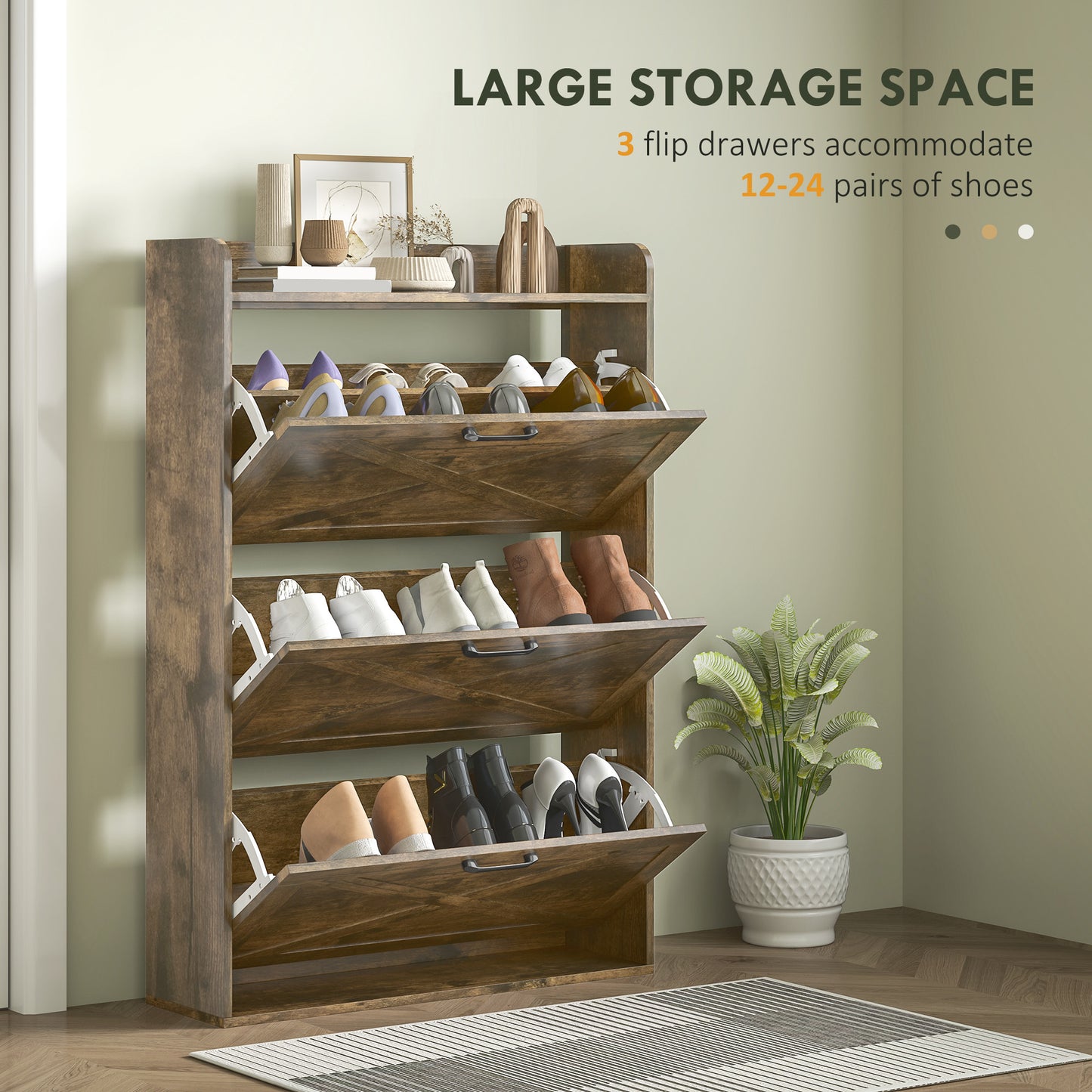 Meuble de rangement à chaussures étroit HOMCOM, style ferme, avec 3 tiroirs rabattables et étagères réglables, pour entrée, marron rustique