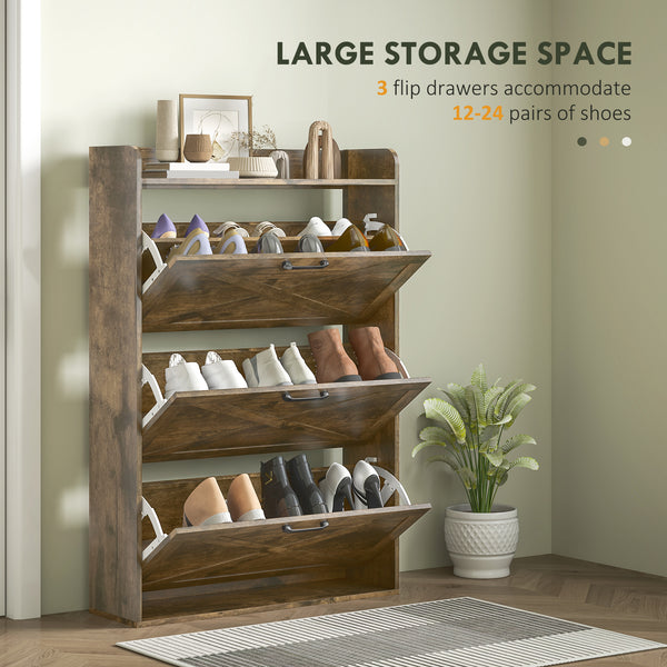 Meuble de rangement à chaussures style ferme avec 3 tiroirs rabattables et étagères réglables, marron rustique