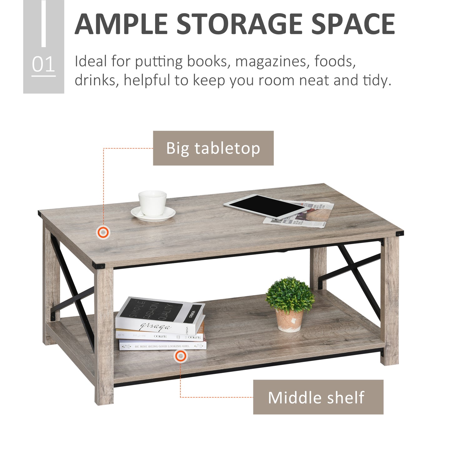 Table basse industrielle avec étagère de rangement inférieure