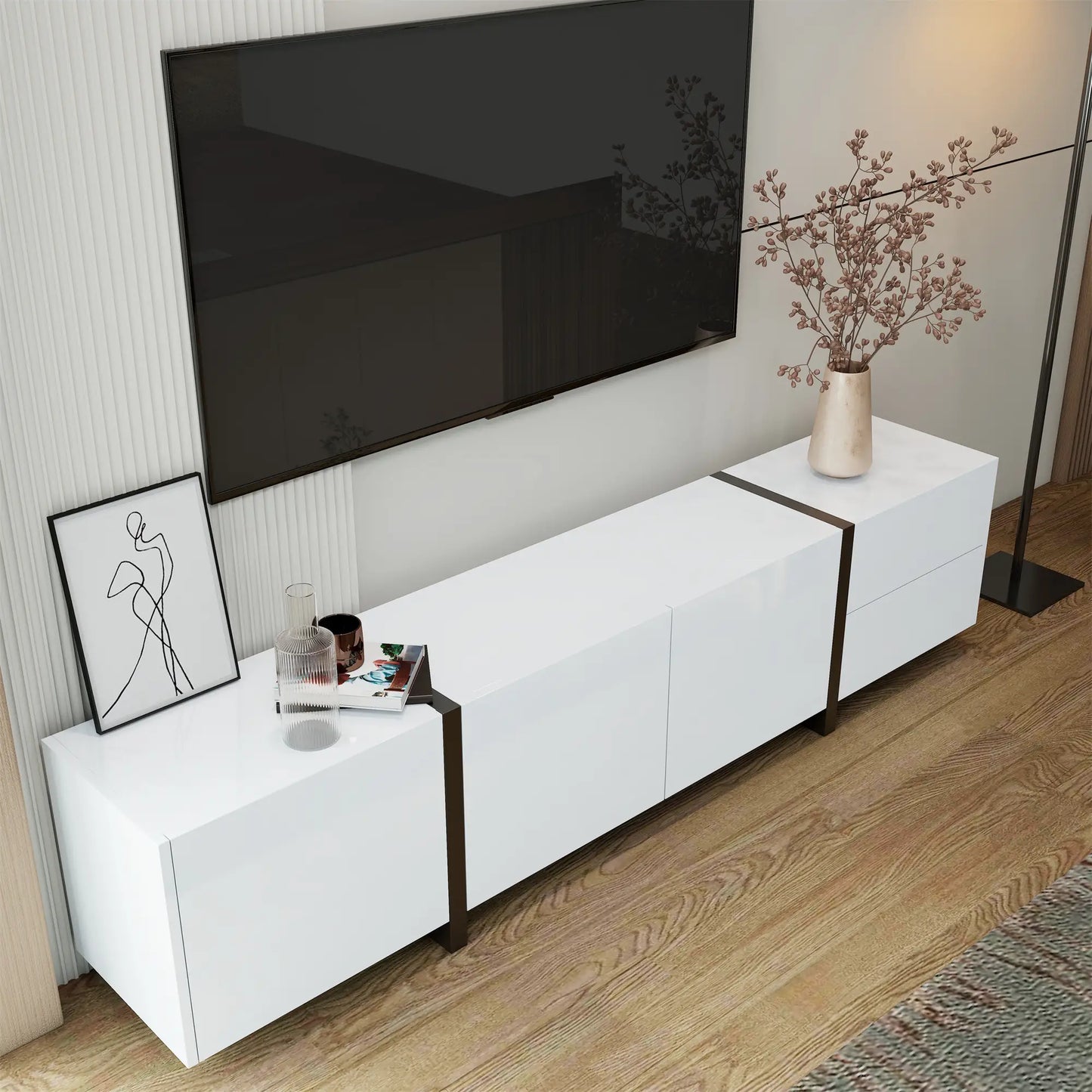 Meuble TV moderne avec finition brillante, grand espace de rangement avec tiroirs et armoires, blanc