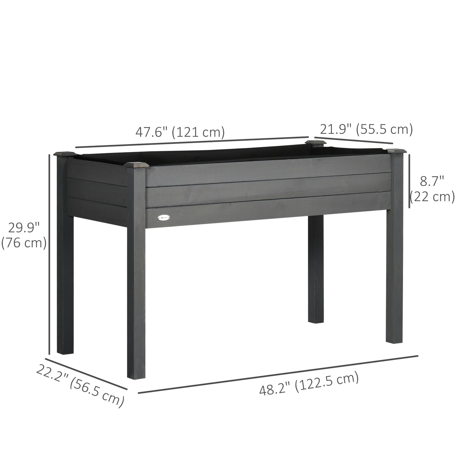 Outsunny Wooden Raised Bed 86 x 45 x 76 cm, Raised Planter with Legs, Drainage Holes, Inner Bag for Garden, Dark Grey