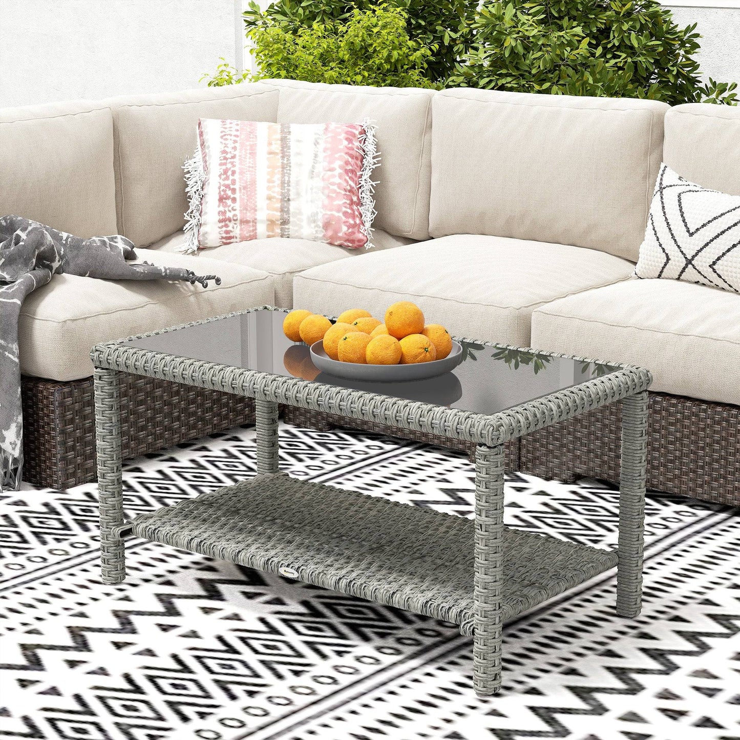 Table basse d'extérieur 35" en osier avec plateau en verre et étagère de rangement, gris foncé