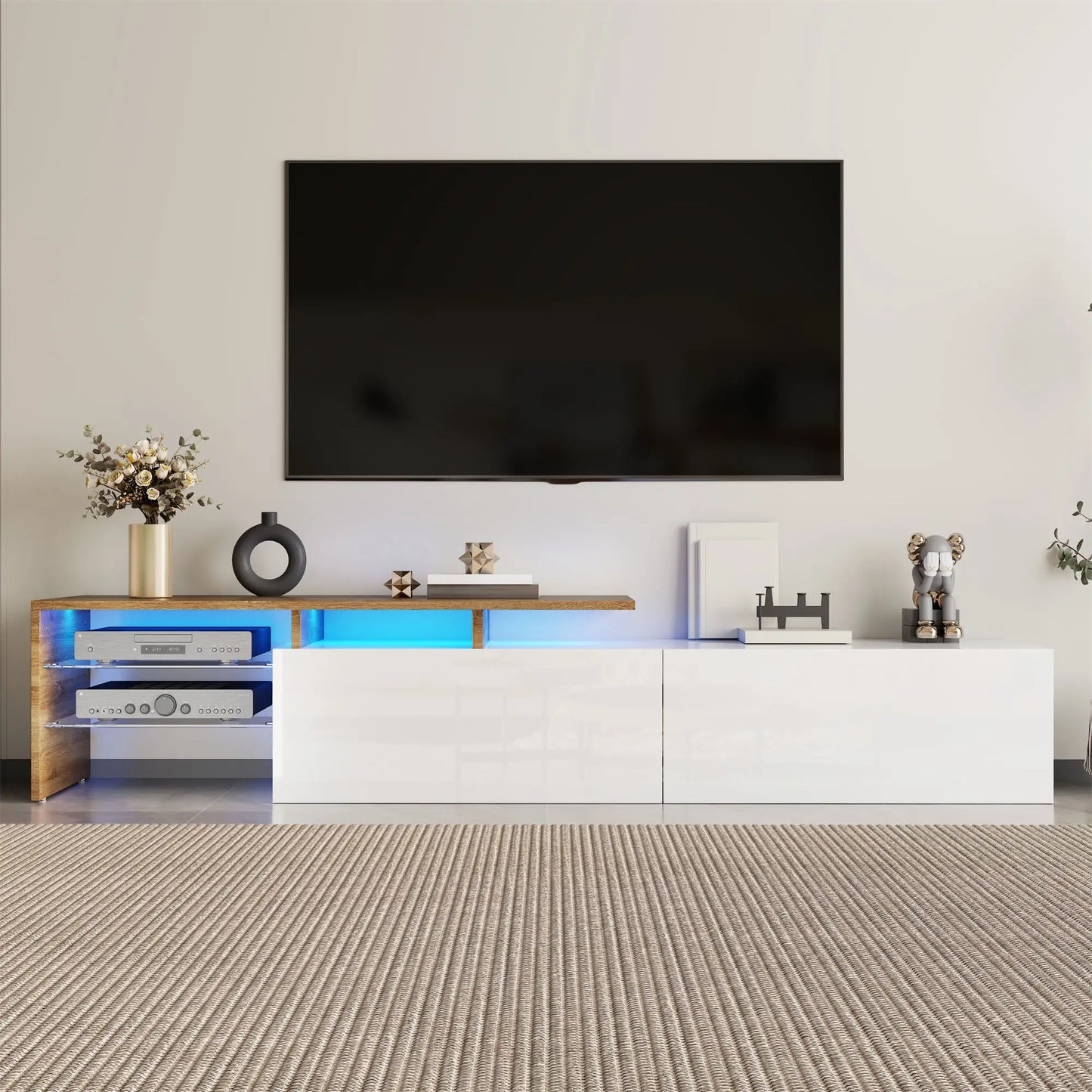 Meuble TV moderne avec étagères en verre et éclairage LED, blanc et naturel