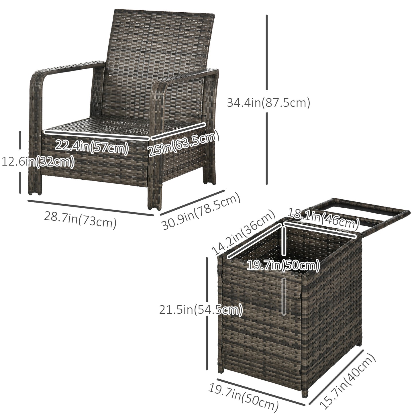 Outsunny 3 Piece Wicker Garden Furniture Set, Rattan Bistro Set with Storage Coffee Table and Thick Cushions, Outdoor Conversation Set for Garden, Porch, Balcony, Blue