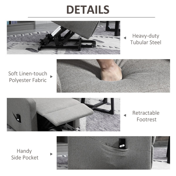 Fauteuil inclinable électrique relevable en tissu avec télécommande et poche latérale, gris