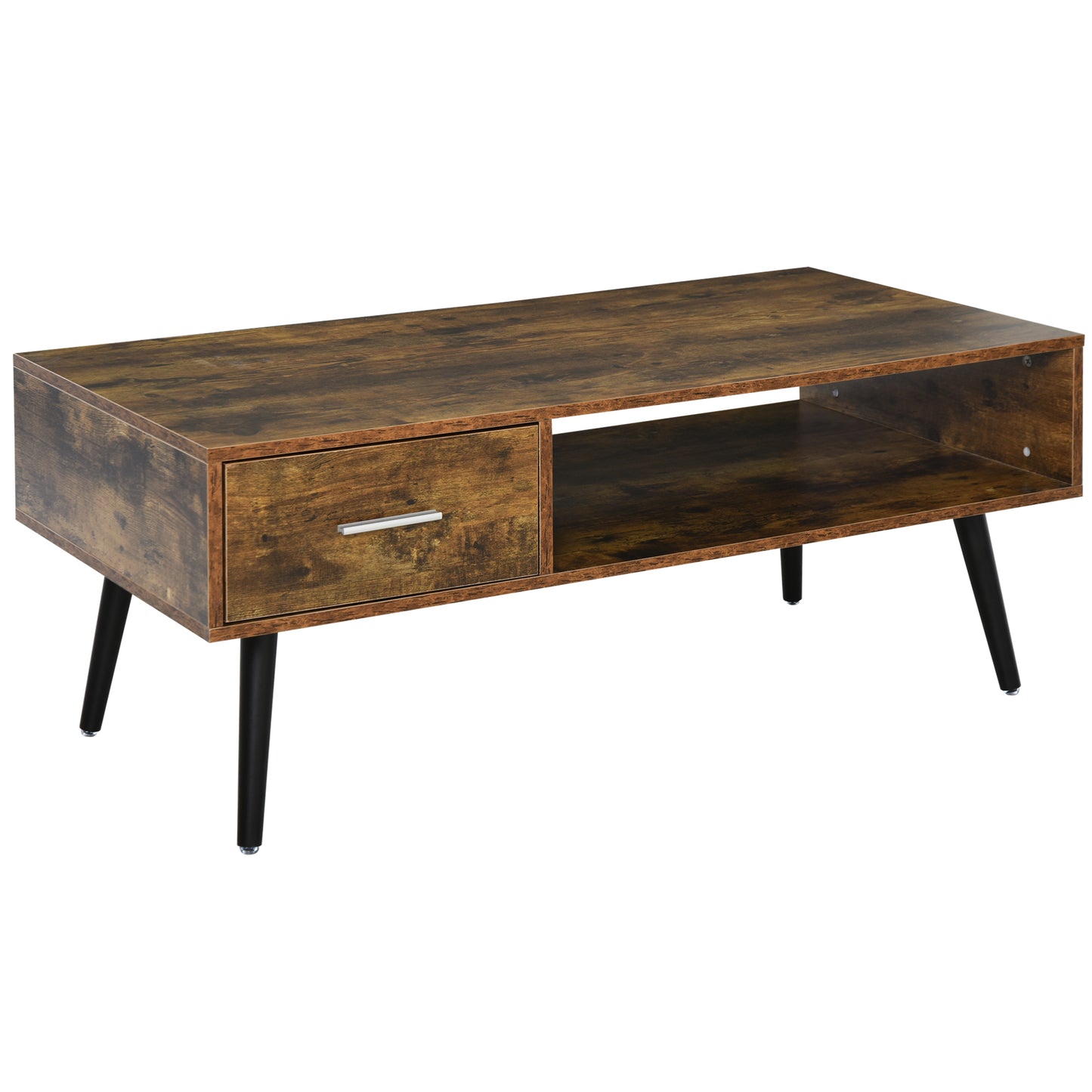 Table basse rétro avec étagère de rangement et tiroir pour salon, marron rustique