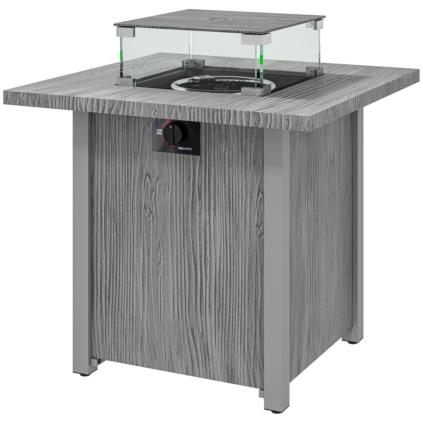 Table foyer à gaz 28 po 50 000 BTU avec couvercle et écran en verre, gris