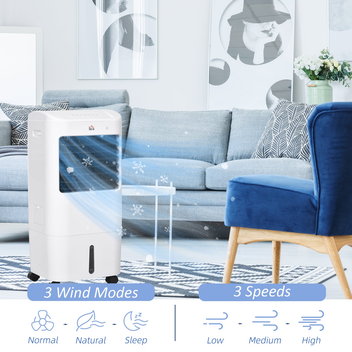 Ventilateur tour avec pack de glace, télécommande, 3 modes, 3 vitesses, minuterie 7,5 h, blanc