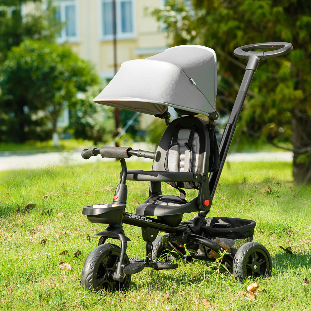 Tricycle 4 en 1 avec siège réglable et réversible, auvent et ceinture, gris