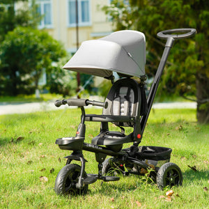 Tricycle 4 en 1 avec siège réglable et réversible, auvent et ceinture, gris