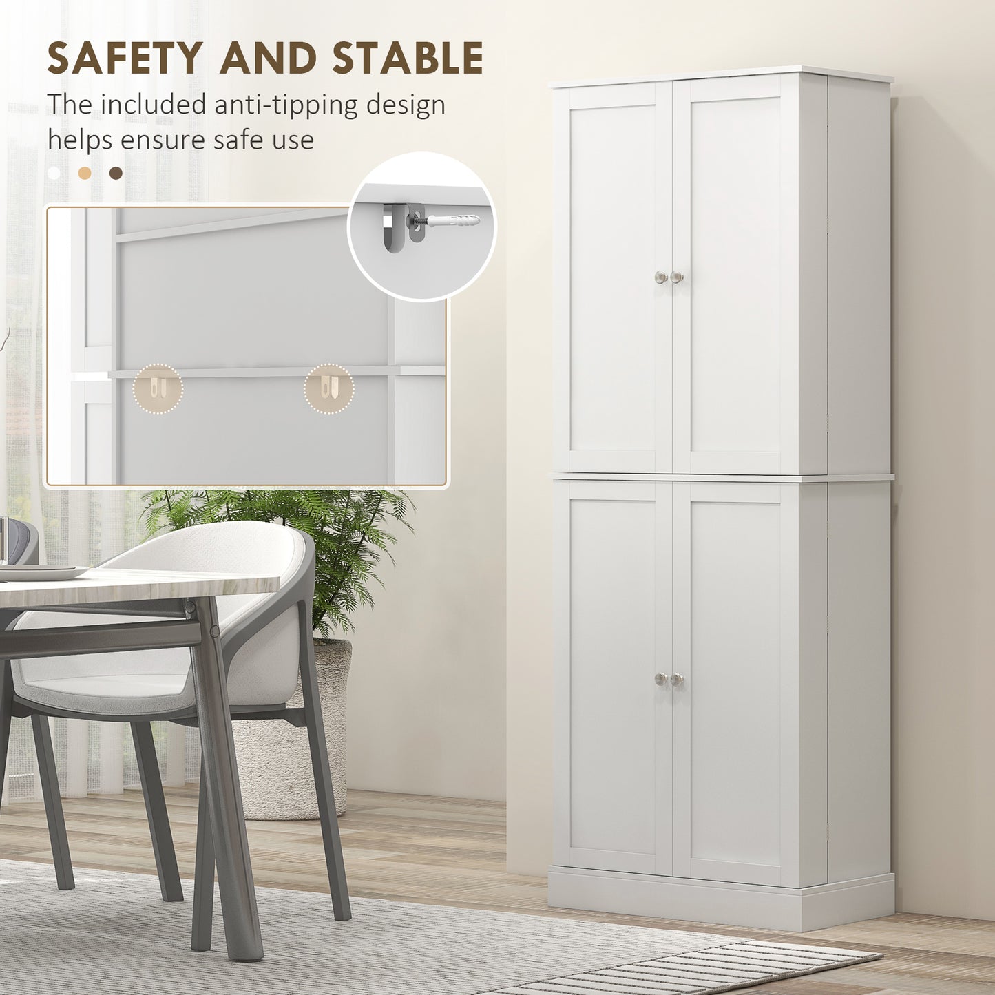 65-inch Kitchen Cabinet, Pantry with 4 Doors and 16 Shelves for Dining Room, White