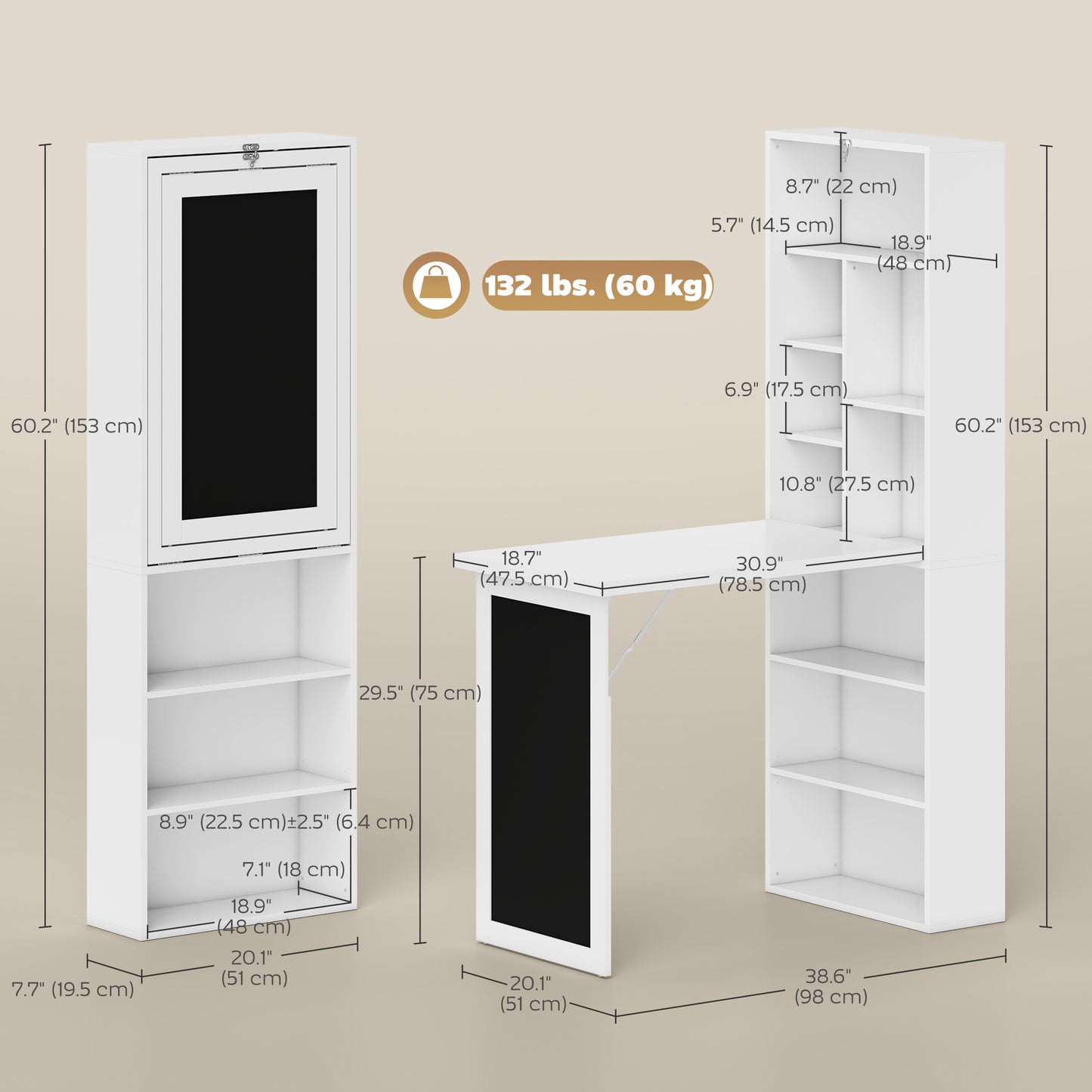 Bureau d'ordinateur mural pliable et convertible avec tableau noir et étagère latérale, blanc