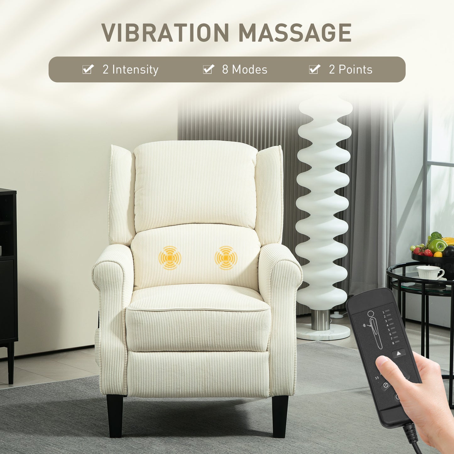 Fauteuil inclinable à dossier relevable avec massage par vibrations, repose-pieds extensible, télécommande, couleur crème