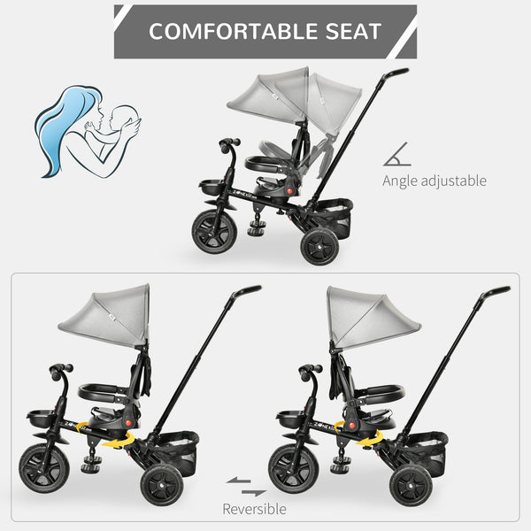 Tricycle 4 en 1 avec siège réglable et réversible, auvent et ceinture, gris