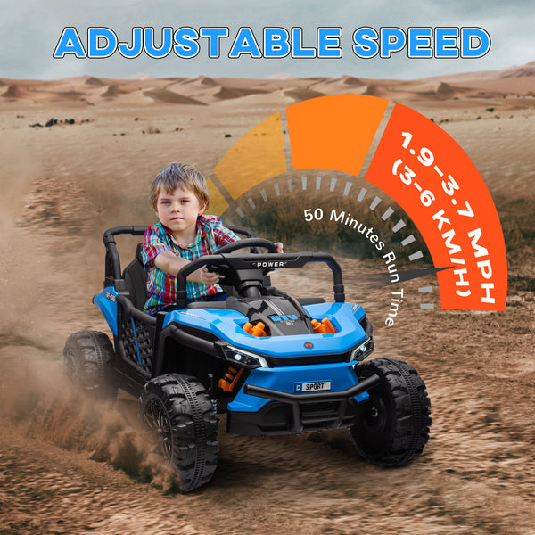 Voiture 12 V avec suspension à ressorts, phares à LED, 3 vitesses, bleu