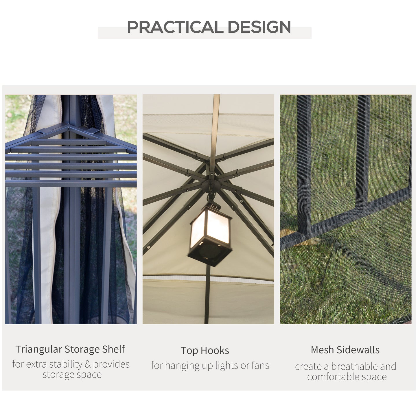 Gazebo de terrasse 10'x10' à toit souple avec toit à deux niveaux, rideaux en maille, étagères de présentation, crochets supérieurs, couleur crème