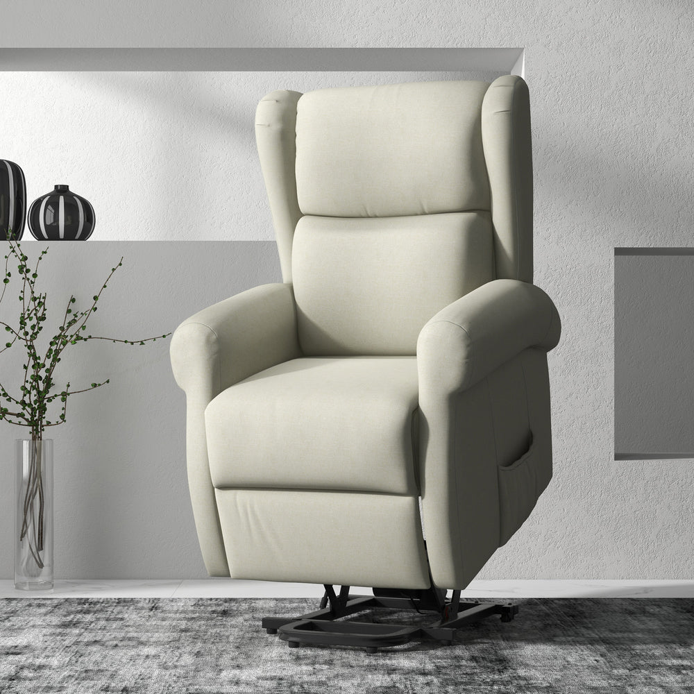 Fauteuil releveur à oreilles inclinable électrique avec repose-pieds, blanc crème