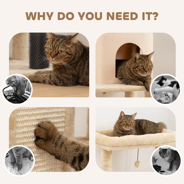 Arbre à chat de 132 cm avec griffoirs, panier, niche et brosse de toilettage, beige