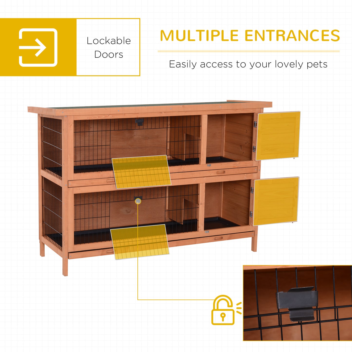 PawHut 54"L 2 étages Grand clapier Cage à lapin Maison en bois pour animaux de compagnie Habitat pour petits animaux avec portes verrouillables, bac anti-fuite et toit étanche pour extérieur/intérieur Orange