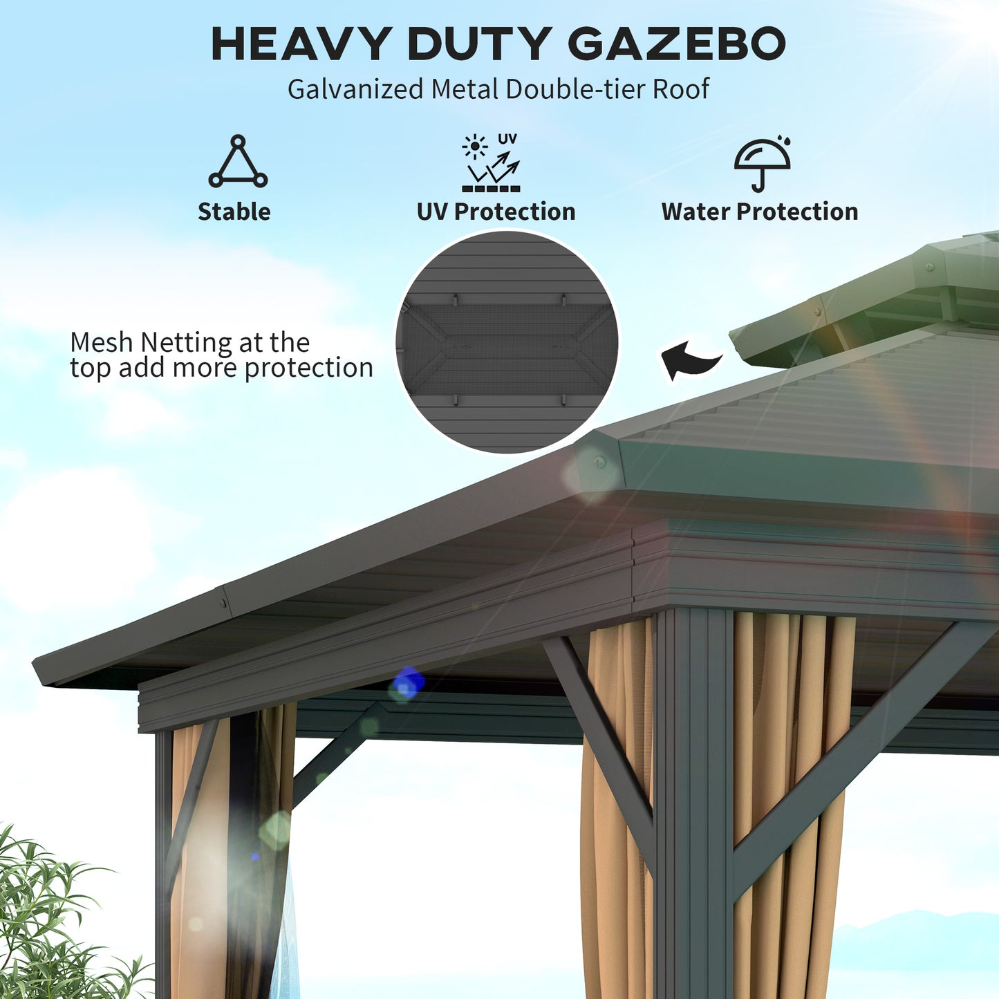 Gazebo 10' x 12' à toit rigide, abri solaire avec toit métallique à deux niveaux, moustiquaire et crochet de suspension, brun foncé