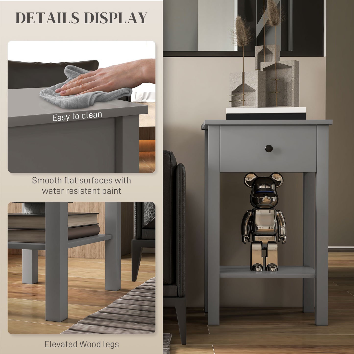 Lot de 2 tables d'appoint avec tiroir et étagère inférieure, table de chevet à 2 niveaux, salon, gris