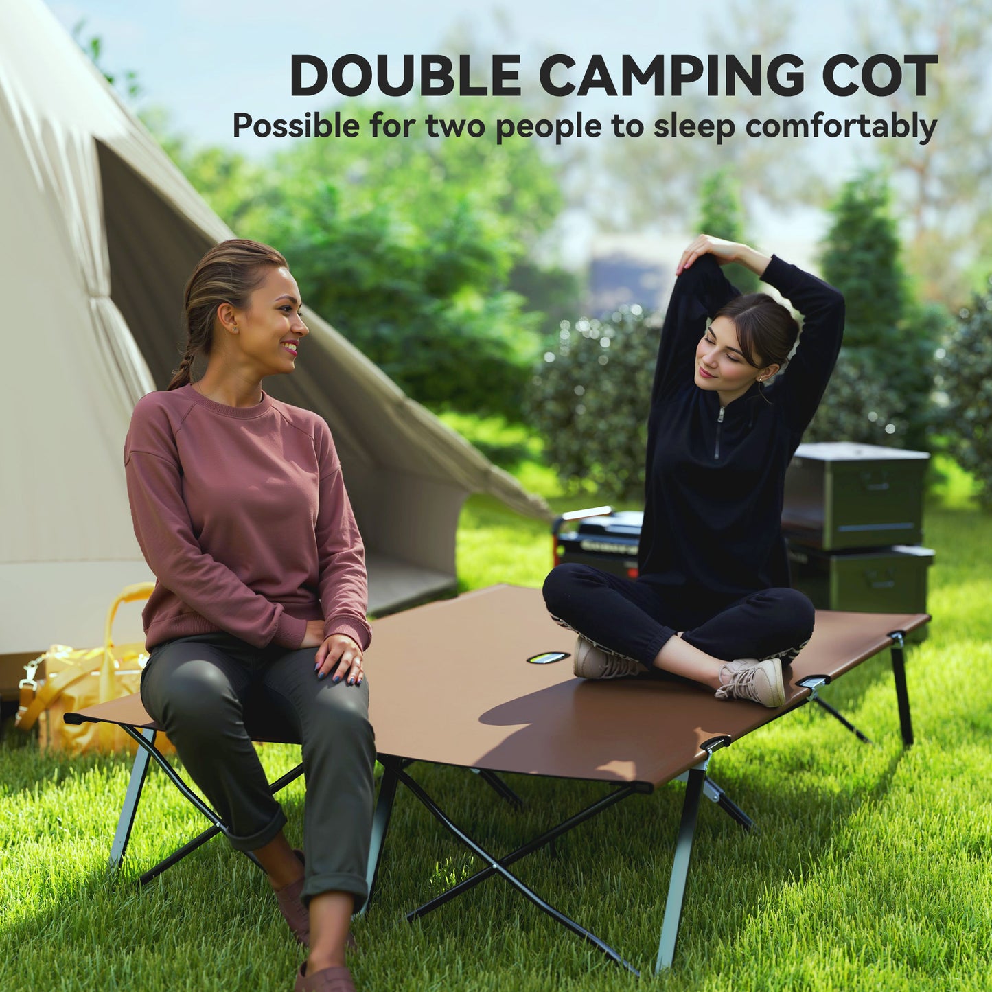 Lit de camp pliable pour deux personnes 76 pouces portable avec sac de transport, kaki