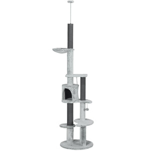 226-254cm Cat Tree with Hammock, Scratching Posts, Cabin, Perches, Play Ball, Grey