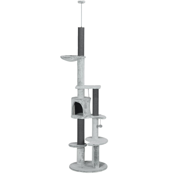 226-254cm Cat Tree with Hammock, Scratching Posts, Cabin, Perches, Play Ball, Grey