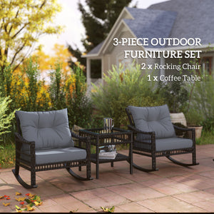 Set of 3 synthetic rattan rocking chairs with tempered glass top, gray