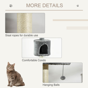 PawHut 4-Level Cat Tree, Ceiling Height, High Tower with Scratching Post, Soft Padding, Play Ball, Indoor Cat House, Light Grey